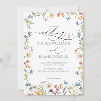 Invitation Fleurs sauvages et papillons Mariage élégant moder