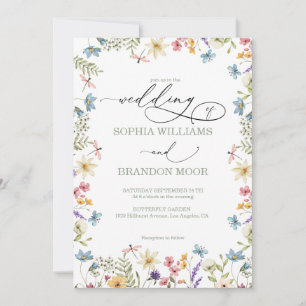 Invitation Fleurs sauvages et papillons Mariage moderne éléga