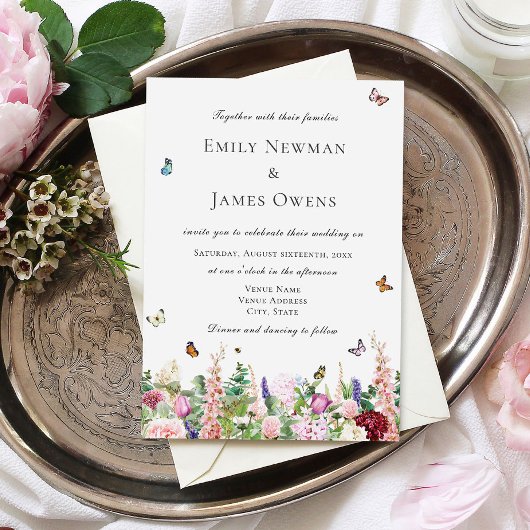 Invitation Fleurs sauvages et papillons rose violet Mariage