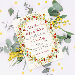 Invitation Fleurs sauvages feuillage jaune souci photo mariag