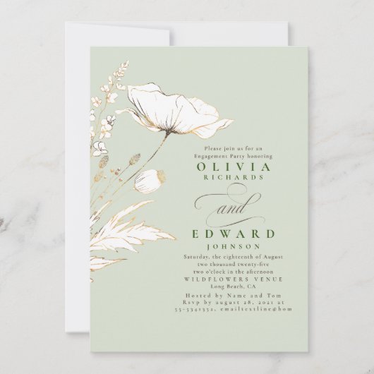 Invitation Fleurs sauvages Gold Foil Sage Green Engagement Pa (Devant)