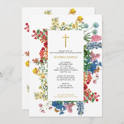 Invitation Fleurs sauvages Grec Orthodoxe Christening Baptême (Devant / Derrière)