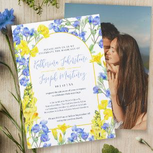 Invitation Fleurs sauvages jaune bleu aquarelle arche mariage