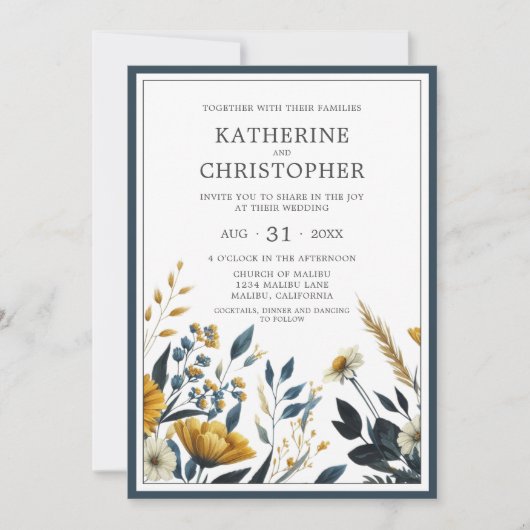 Invitation Fleurs sauvages Jaune Bleu Élégant Mariage formel (Devant)