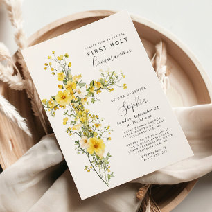 Invitation Fleurs sauvages jaunes croix florale Première Comm