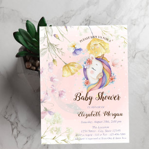 Invitation Fleurs sauvages Licorne Papillons Étoiles Baby Sho