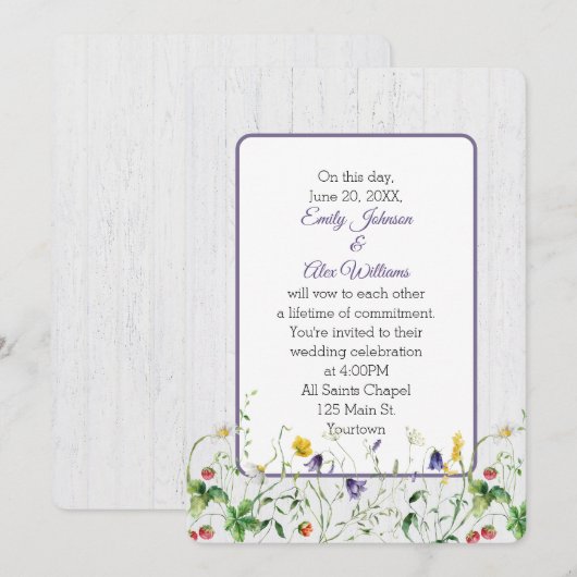 Invitation Fleurs sauvages mariages Sur Bois Blanchi (Devant / Derrière)