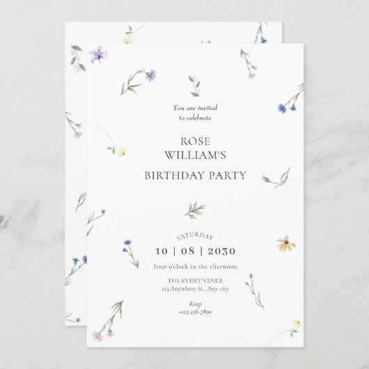 Invitation Fleurs sauvages minimaliste élégant anniversaire (Devant / Derrière)