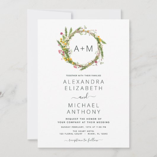 Invitation Fleurs sauvages Monogramme Emerald Green Mariage I (Devant)