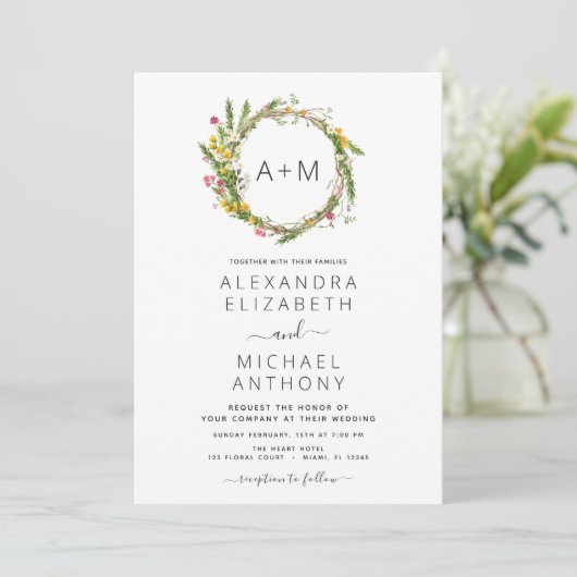 Invitation Fleurs sauvages Monogramme Emerald Green Mariage I (Debout devant)