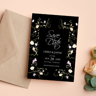 Invitation Fleurs Sauvages Noir & Blanc Mariage Épargnez la D