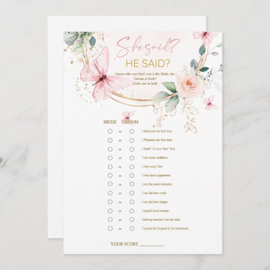 Invitation Fleurs sauvages papillon il dit qu'elle a dit jeu (Devant / Derrière)