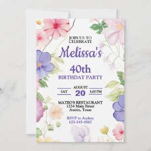 Invitation Fleurs sauvages pastel rose et violet pour anniver