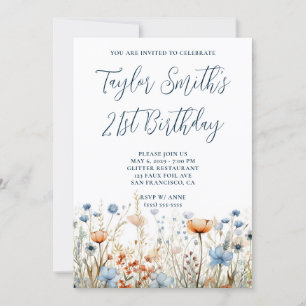Invitation Fleurs sauvages pêche bleu poussiéreux 21e anniver