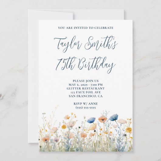 Invitation Fleurs sauvages pêche bleu poussiéreux 75e anniver (Devant)