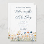 Invitation Fleurs sauvages pêche bleu poussiéreux 75e anniver (Devant / Derrière)