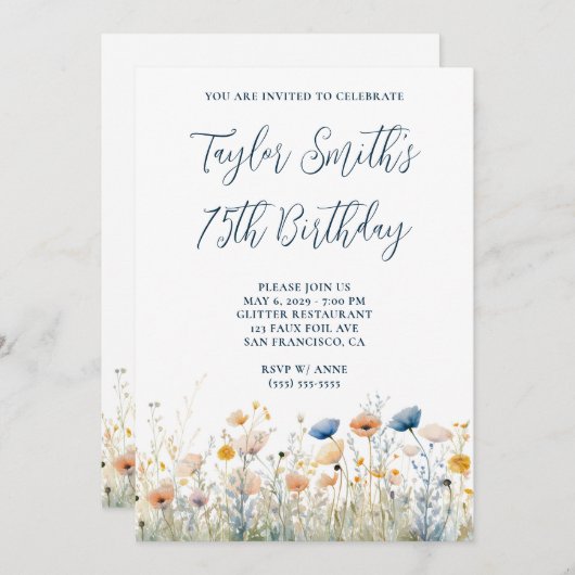 Invitation Fleurs sauvages pêche bleu poussiéreux 75e anniver (Devant / Derrière)