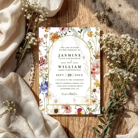 Invitation Fleurs sauvages Prairie Arche Élégant Code QR Mari