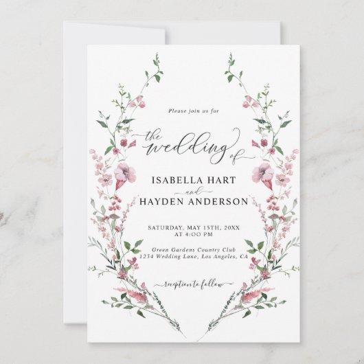 Invitation Fleurs Sauvages Rose Dusty Tout en un Mariage de c (Devant)