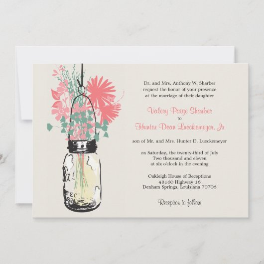 Invitation Fleurs sauvages rose et vert & Mariage Mason Jar (Devant)