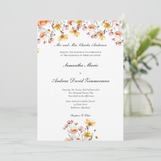 Invitation Fleurs sauvages rose Jaune Formal Mariage élégant (Debout devant)