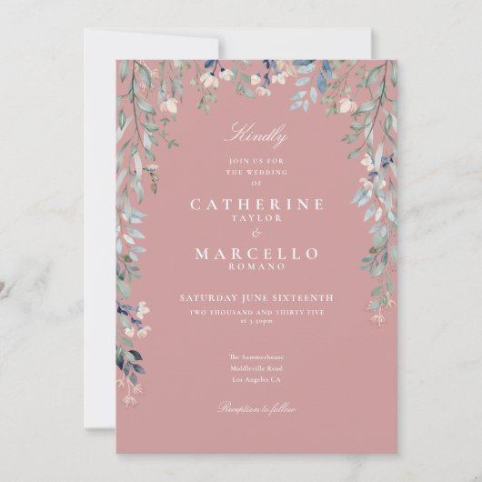 Invitation Fleurs sauvages Rose Poussiéreuse Code QR Mariage (Devant)
