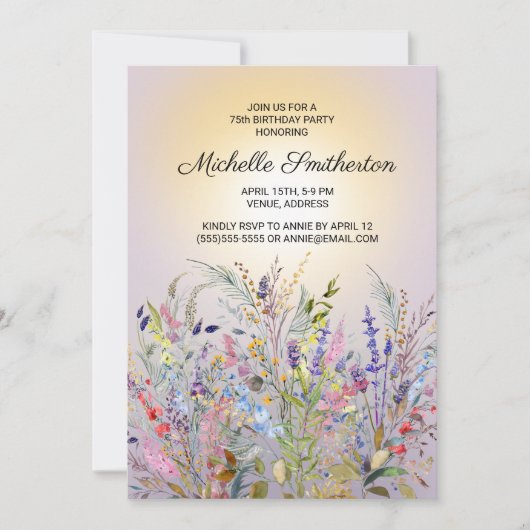 Invitation Fleurs sauvages rose violet jaune 75e anniversaire (Devant)