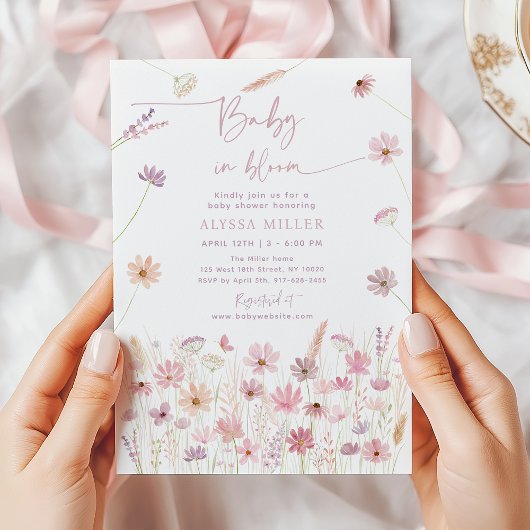 Invitation Fleurs sauvages roses bébé dans le Baby shower en 