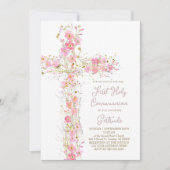 Invitation fleurs sauvages roses croix Première Sainte Commun (Devant)