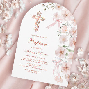 Invitation Fleurs sauvages roses et arche de rubans pour bapt