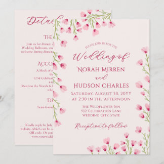 Invitation Fleurs sauvages roses romantiques 2-en-1 mariage &