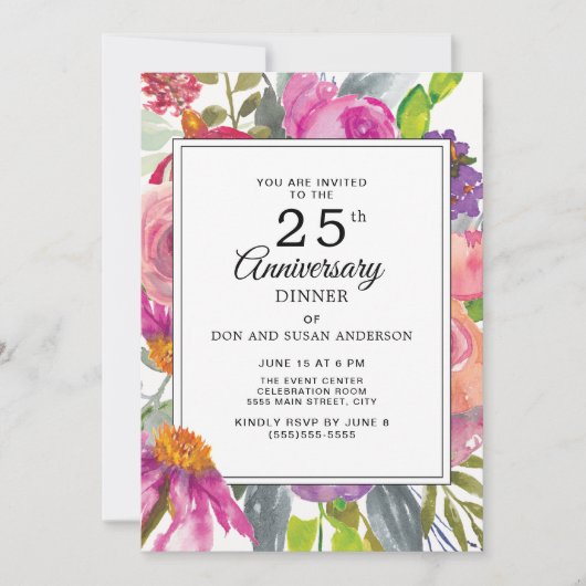 Invitation Fleurs sauvages roses violettes 25e anniversaire d (Devant)