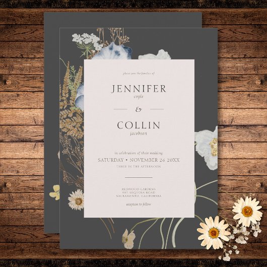 Invitation Fleurs sauvages rustiques sur Mariage de charbon