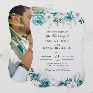 Invitation Fleurs sauvages sarcelle et blanc couple photo mar