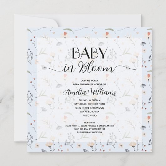 Invitation Fleurs sauvages sur le Baby shower Blue Boy (Dos)