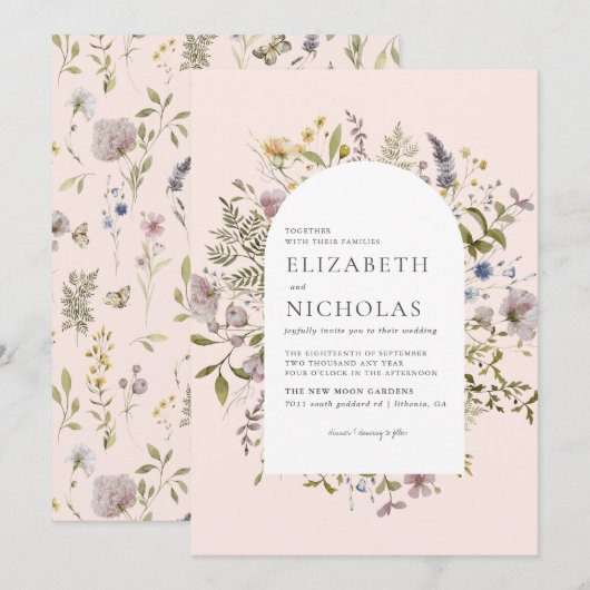 Invitation Fleurs sauvages verdure botanique mariage (Devant / Derrière)