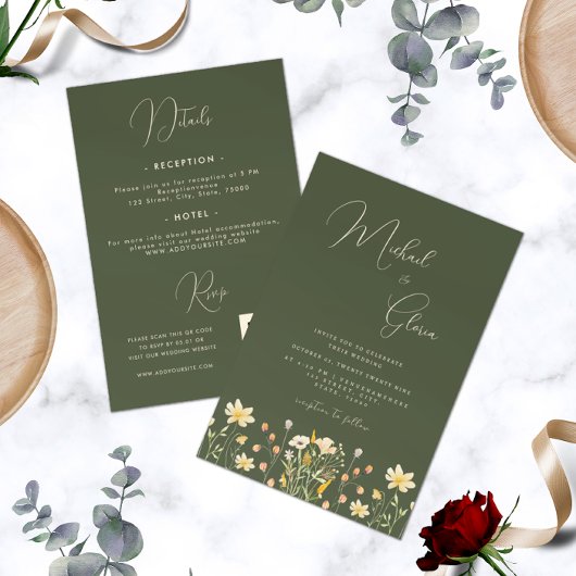 Invitation Fleurs sauvages vert foncé Ressort tout en un Mari