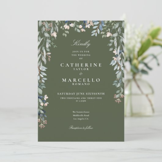 Invitation Fleurs sauvages vert olive Mariage de verdure fleu (Debout devant)