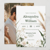 Invitation Fleurs sauvages vert sauge et Boho Pampas Photo (Devant / Derrière)