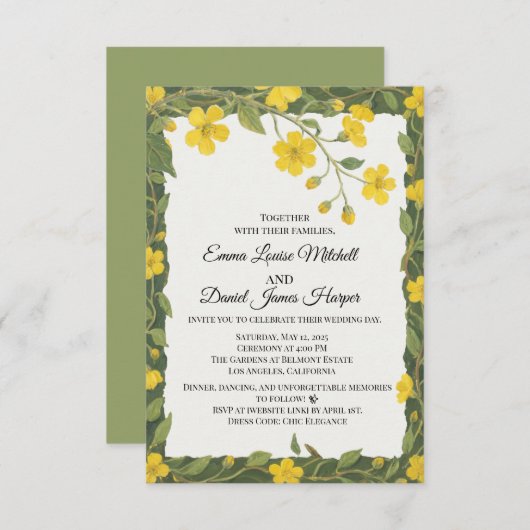 Invitation Fleurs sauvages vertes jaunes élégantes florales (Devant / Derrière)