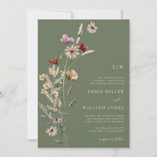 Invitation Fleurs sauvages Whimsical Sage Vert Tout En Un (Devant)