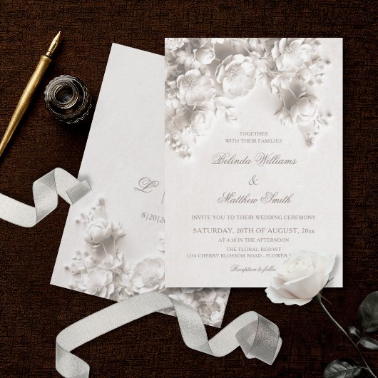 Invitation Fleurs sculptées blanches Roses 3D Mariage