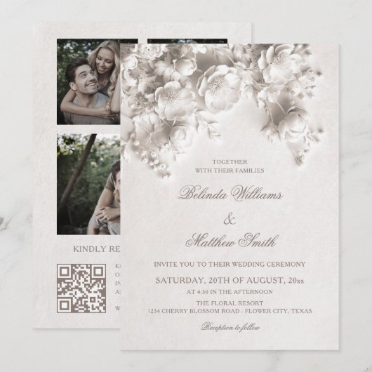 Invitation Fleurs sculptées blanches Roses 3D Mariage (Devant / Derrière)
