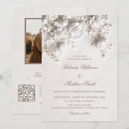 Invitation Fleurs sculptées blanches Roses Mariage 3D (Devant / Derrière)