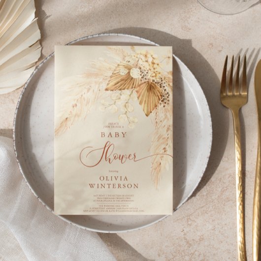 Invitation Fleurs séchées Boho et Baby shower en laiton Pampa