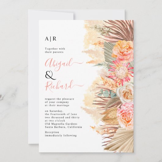 Invitation Fleurs séchées, gazon de pampas, palmiers mariage (Devant)