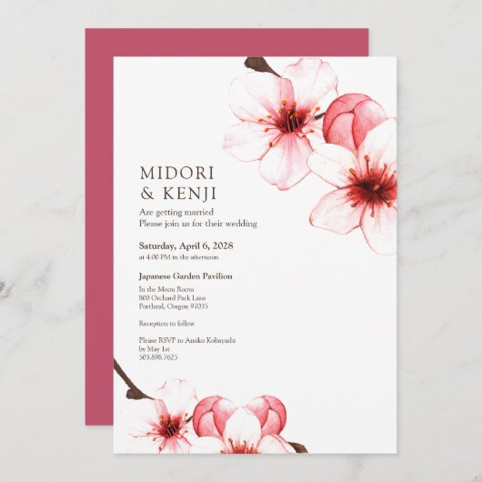 Invitation Fleurs simples de cerisiers d'aquarelle moderne (Devant / Derrière)