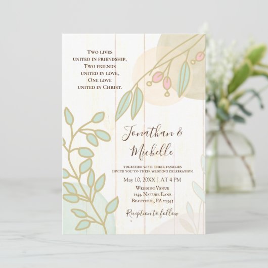 Invitation Fleurs simples Mariage chrétien bois blanc rustiqu (Debout devant)