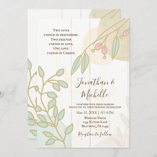 Invitation Fleurs simples Mariage chrétien bois blanc rustiqu (Devant / Derrière)