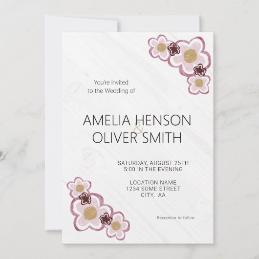 Invitation Fleurs simples Mariage de texture bois (Devant)